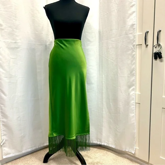 Rachel Zoe Green satin effect fringe tassel trim midi slip skirt